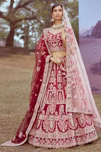 Maroon Pure silk Moti  Sequins embroidery Semi-Stitched Bridel Lehenga choli & Dupatta