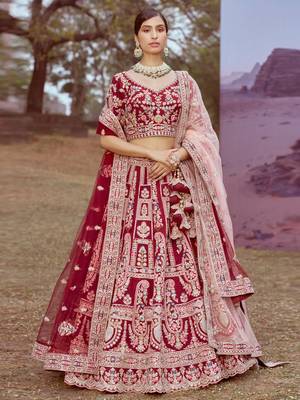 Maroon Pure silk Moti  Sequins embroidery Semi-Stitched Bridel Lehenga choli & Dupatta 2