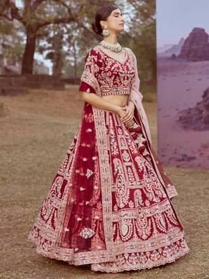 Maroon Pure silk Moti  Sequins embroidery Semi-Stitched Bridel Lehenga choli & Dupatta 3