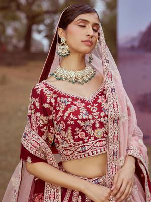 Maroon Pure silk Moti  Sequins embroidery Semi-Stitched Bridel Lehenga choli & Dupatta 4
