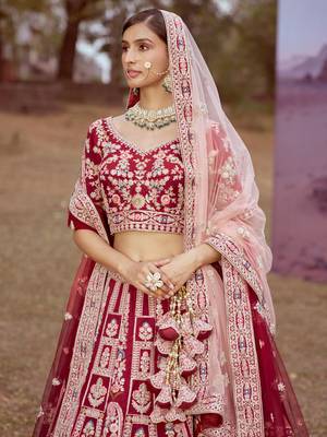 Maroon Pure silk Moti  Sequins embroidery Semi-Stitched Bridel Lehenga choli & Dupatta 5
