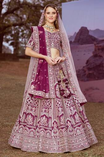 Purple Pure silk Moti  Sequins embroidery Semi-Stitched Bridel Lehenga choli & Dupatta