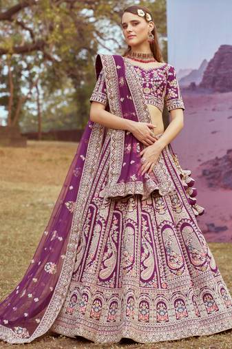 Purple Pure silk Moti  Coding embroidery Semi-Stitched Bridel Lehenga choli & Dupatta