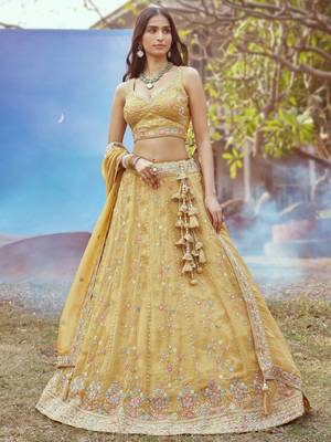 Mustard Tissue Embroidered Wedding Lehenga Choli 1