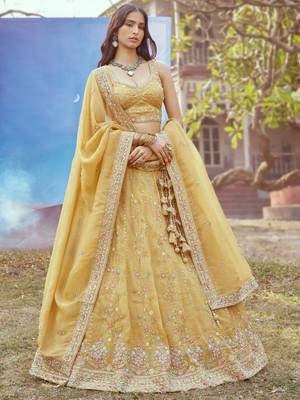 Mustard Tissue Embroidered Wedding Lehenga Choli 2