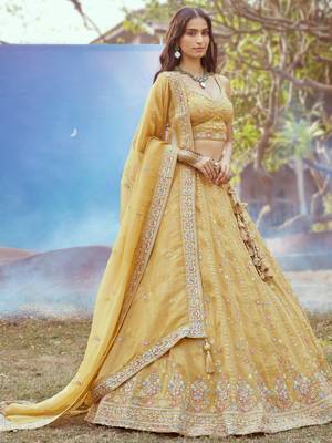 Mustard Tissue Embroidered Wedding Lehenga Choli 3