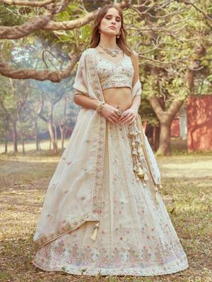 Cream Tissue Sequins and Thread Work Lehenga Choli  1