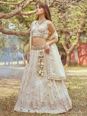 Cream Tissue Sequins and Thread Work Lehenga Choli  2