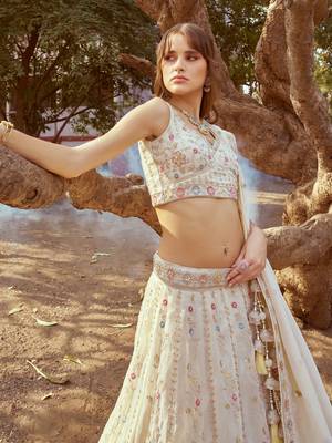 Cream Tissue Sequins and Thread Work Lehenga Choli  4