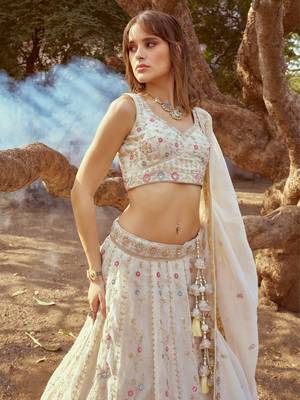 Cream Tissue Sequins and Thread Work Lehenga Choli  5