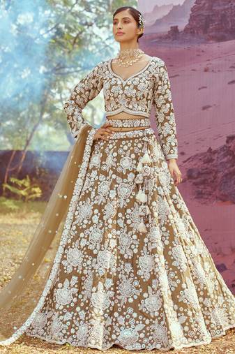 White and Beige Reception Lehenga Choli for Women