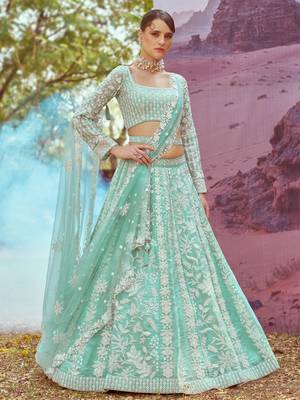 Sea green Organza Sequins embroidery Semi-Stitched Lehenga choli & Dupatta 1