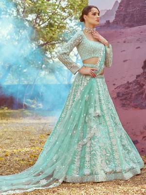 Sea green Organza Sequins embroidery Semi-Stitched Lehenga choli & Dupatta 3