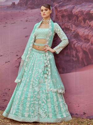 Sea green Organza Sequins embroidery Semi-Stitched Lehenga choli & Dupatta 5