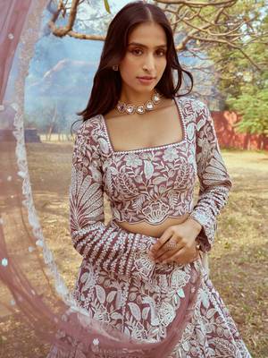Rose Gold Pure Satin Sequins embroidery Semi-Stitched Lehenga choli & Dupatta 4
