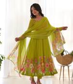 PURE SOFT ORGANJA SILK FABRIC FULLY FLAIR KALI PATTERN AND CANVAS PATTA WITH DUPPTA SET ,PENT READY TO WEAR