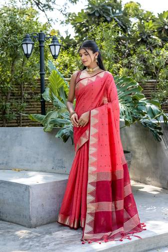 Gajari bangali style Semi Tussar Silk Bland Temple Border & contrust Pallu Saree With Blouse