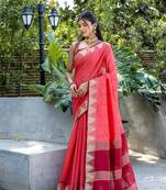 Gajari bangali style Semi Tussar Silk Bland Temple Border & contrust Pallu Saree With Blouse