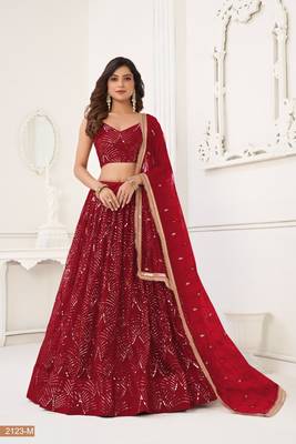 Maroon Heavy Embroidery Net Semi Stitch A Line Lehenga With Blouse 1