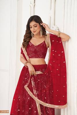Maroon Heavy Embroidery Net Semi Stitch A Line Lehenga With Blouse 2