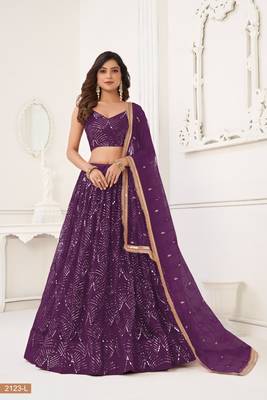 Dark Purple Heavy Embroidery Net Semi Stitch A Line Lehenga With Blouse 1