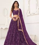 Dark Purple Heavy Embroidery Net Semi Stitch A Line Lehenga With Blouse