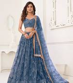 Dark Blue Heavy Embroidery Net Semi Stitch A Line Lehenga With Blouse