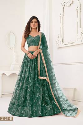 Dark Green Heavy Embroidery Net Semi Stitch A Line Lehenga With Blouse 1