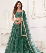 Dark Green Heavy Embroidery Net Semi Stitch A Line Lehenga With Blouse