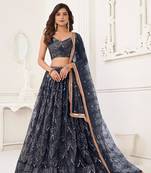 BLack Heavy Embroidery Net Semi Stitch A Line Lehenga With Blouse