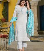 women blue rayon blend solid embroidered straight kurta trouser with dupatta