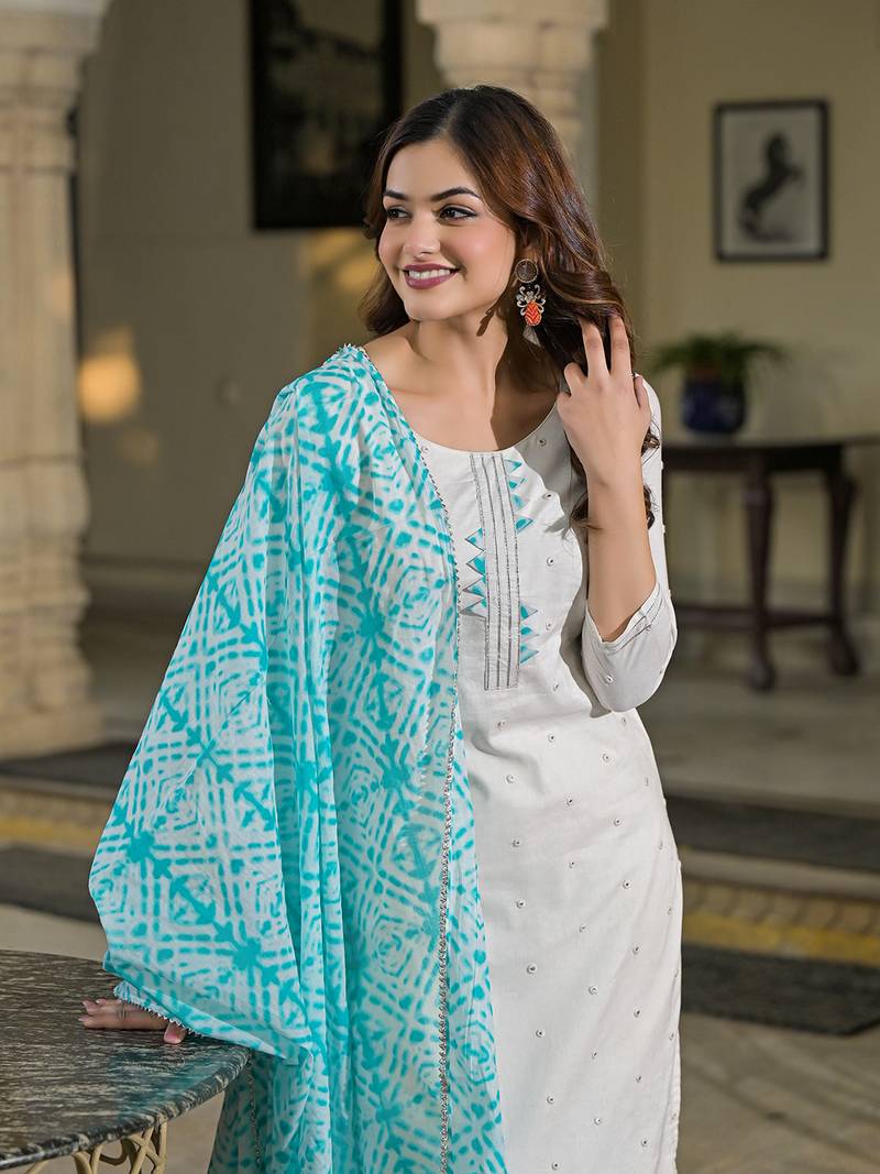 women blue rayon blend solid embroidered straight kurta trouser with dupatta