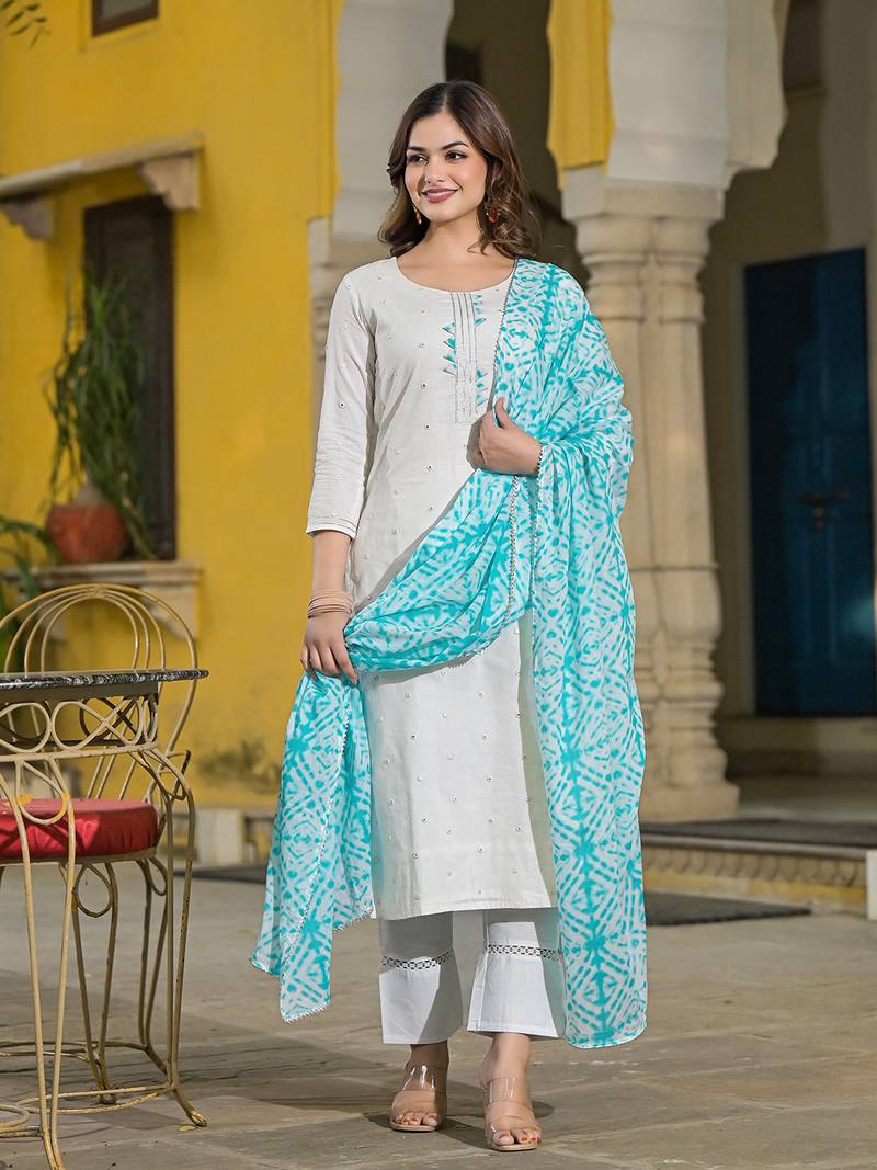 women blue rayon blend solid embroidered straight kurta trouser with dupatta