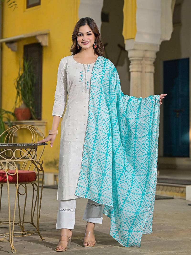 women blue rayon blend solid embroidered straight kurta trouser with dupatta