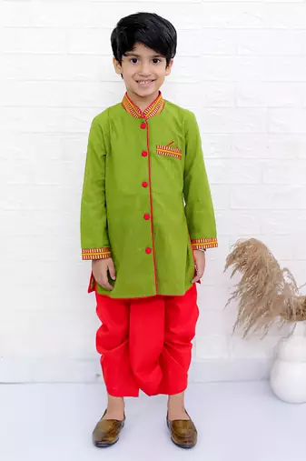 Twisha boys full sleeve kurta & dhoti pant set- green & red