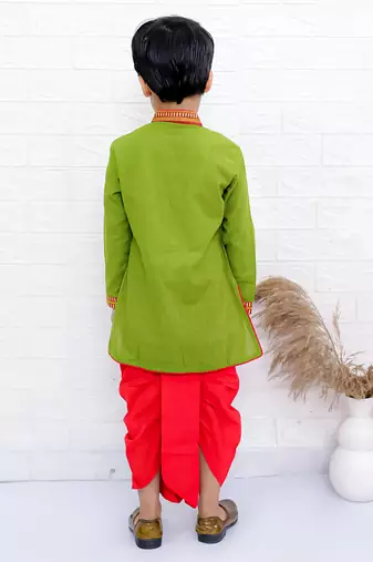 Twisha boys full sleeve kurta & dhoti pant set- green & red