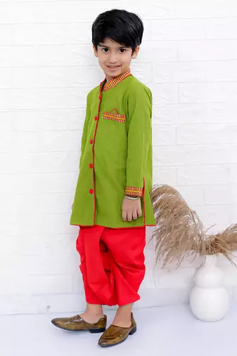 Twisha boys full sleeve kurta & dhoti pant set- green & red