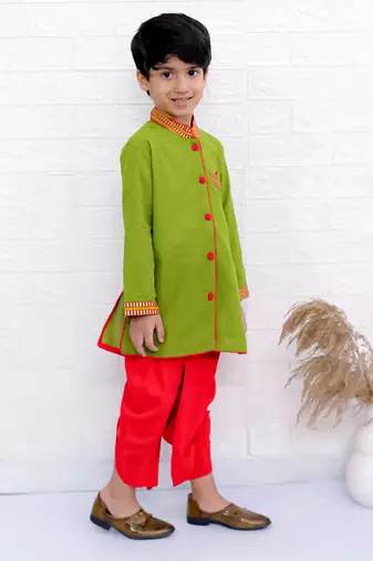 Twisha boys full sleeve kurta & dhoti pant set- green & red