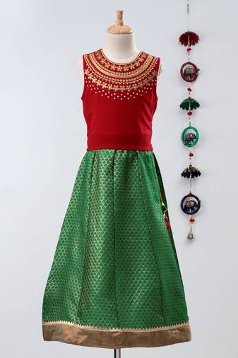 Twisha girls stylish embroidered choli with  brocade lehenga with fancy latkan  -red & green