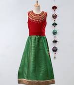 Twisha girls stylish embroidered choli with  brocade lehenga with fancy latkan  -red & green