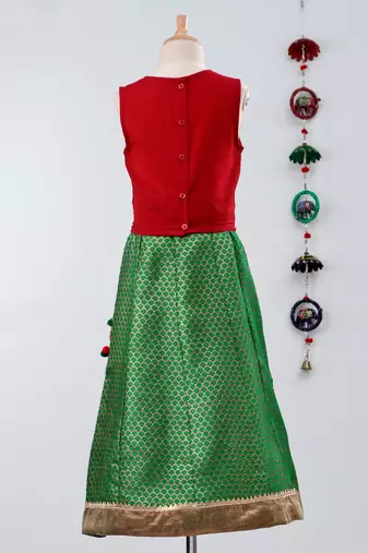 Twisha girls stylish embroidered choli with  brocade lehenga with fancy latkan  -red & green