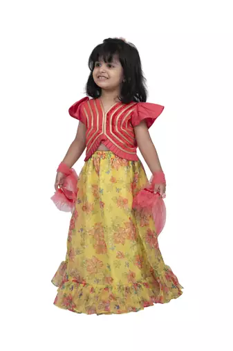 Twisha round neck sleeveless top with ghaghra-coral yelllow