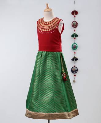 Twisha girls stylish embroidered choli with  brocade lehenga with fancy latkan  -red & green 3