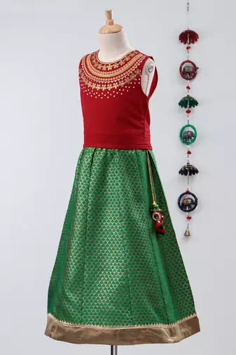 Twisha girls stylish embroidered choli with  brocade lehenga with fancy latkan  -red & green