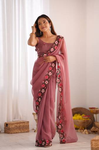 Pink fancy georgette embroidery thread work with embroidery matching blouse