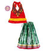 Twisha girls sleeveless embroidered halter neck top with chania-rust & green