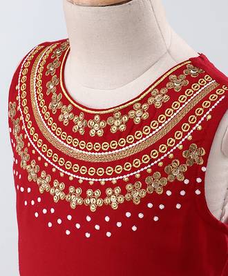 Twisha girls stylish embroidered choli with  brocade lehenga with fancy latkan  -red & green 4