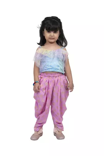 Twisha round neck frilled sleeveless top with dhoti-powder blue pink