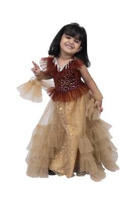 Twisha halter frilled top with  layered ghaghra-maroon and beige 1