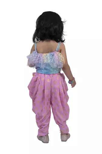 Twisha round neck frilled sleeveless top with dhoti-powder blue pink